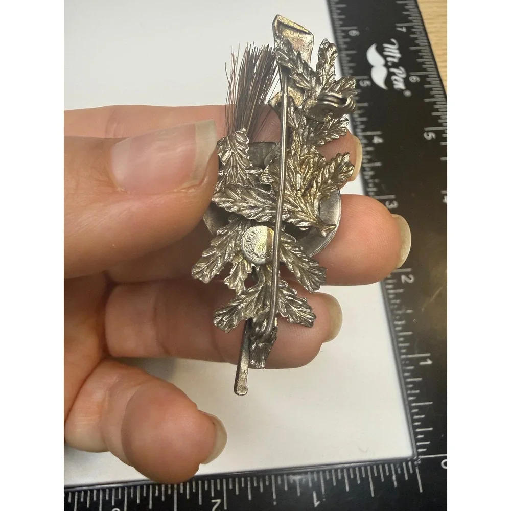Western Germany Tyrolean Hat Gamsbart Pin Silver Tone Oak Leaf Brooch 2 Inch